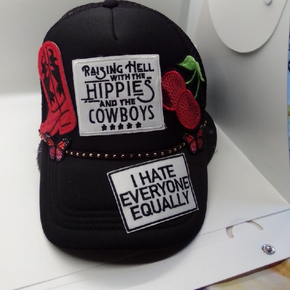 Hand Crafted Black Hat with Red and White Accents